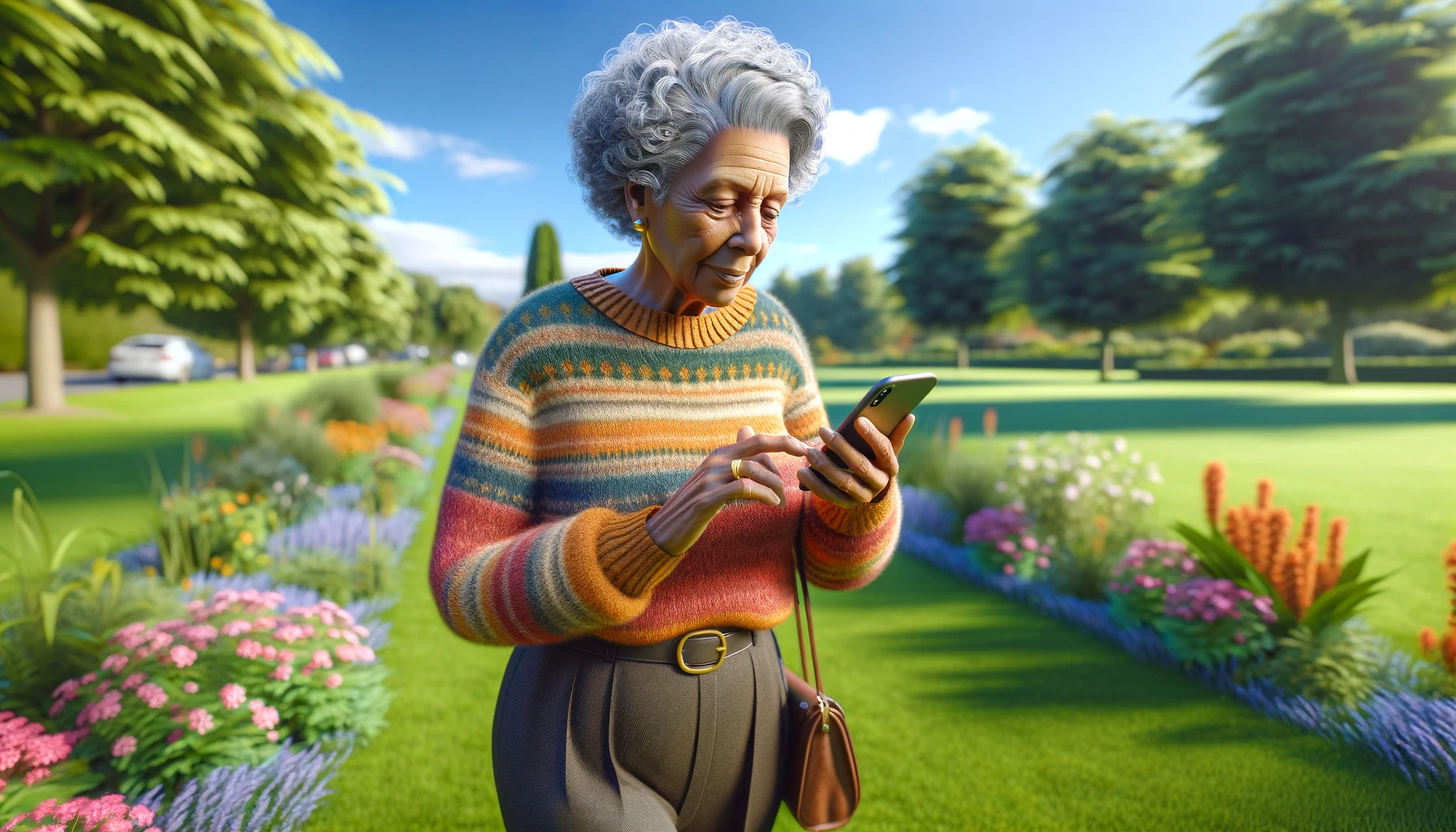African American woman with short curly grey hair, dressed in a warm, colorful sweater and dark trousers. She is checking her mobile phone in a park. 