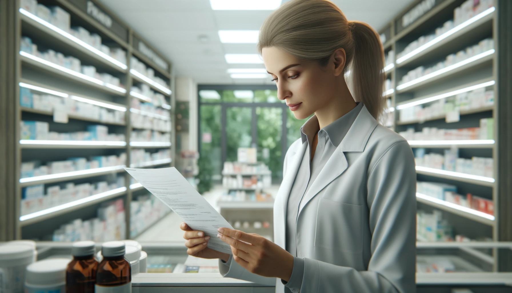 A pharmacy worker, a middle-aged Caucasian woman with blonde hair tied back, is wearing a white lab coat.