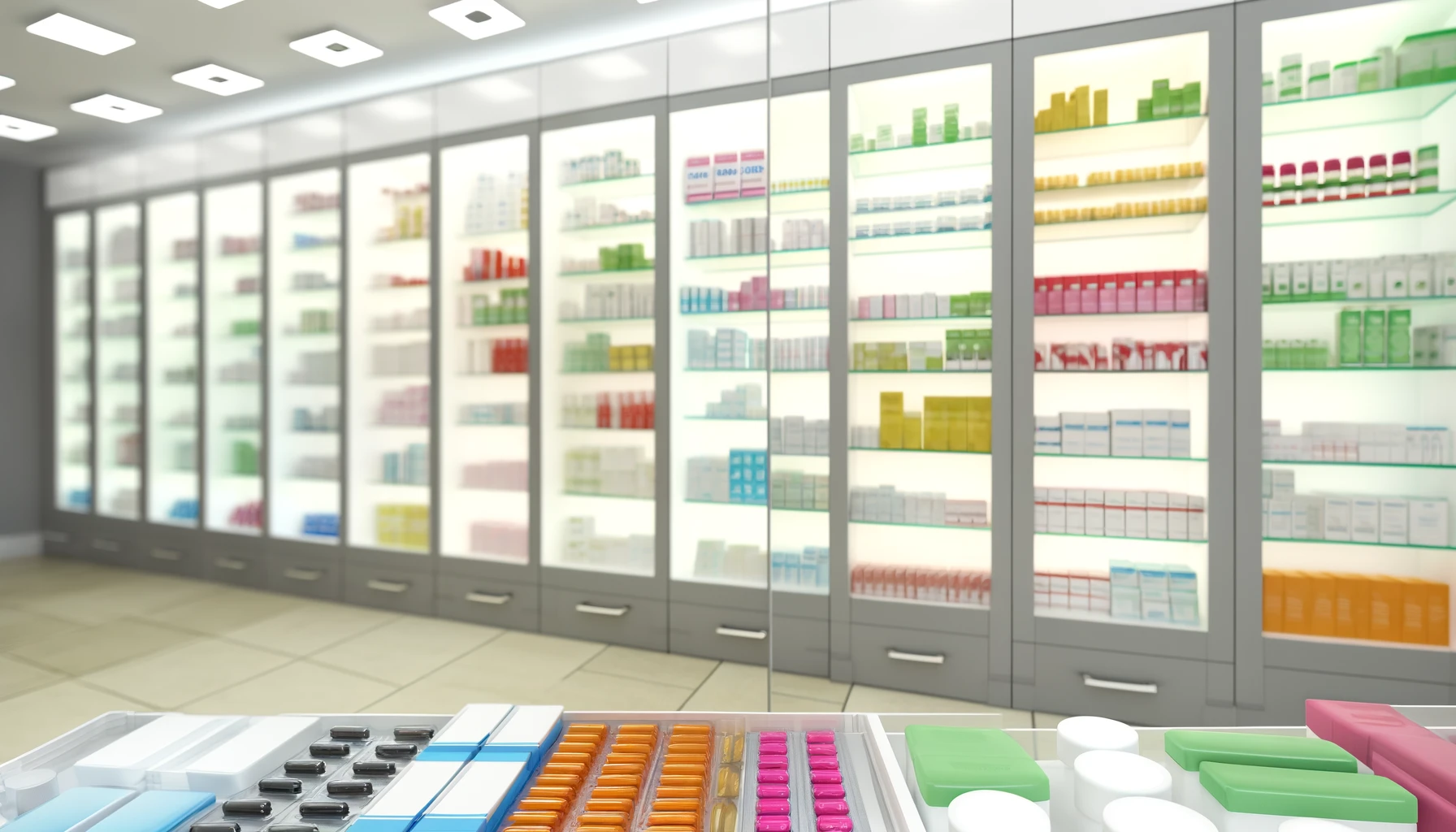 A wide range of medications, including colorful pill bottles, boxes of tablets, and medical supplies neatly arranged on glass shelves.