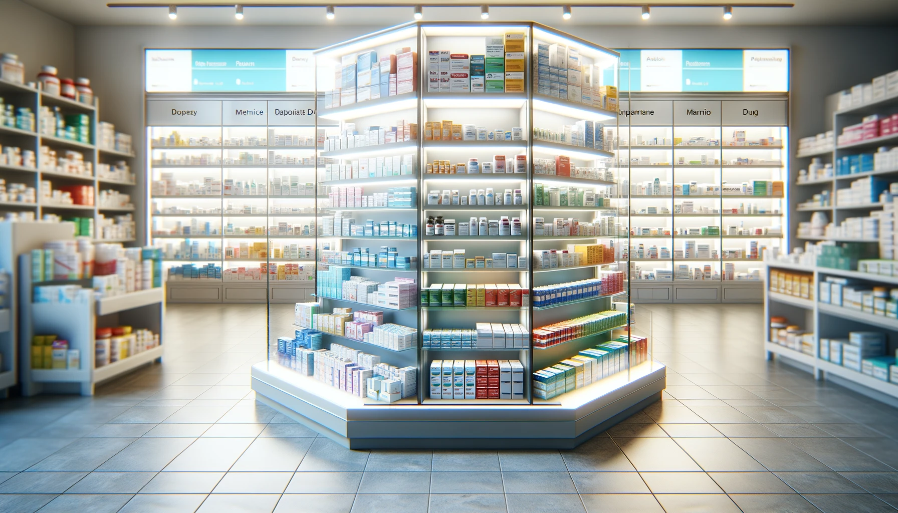 A wide array of medicine boxes and bottles neatly arranged on glass shelves.