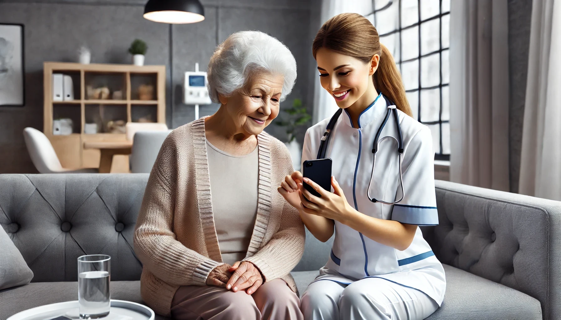 A nurse in uniform is explaining to an elderly woman how to use location tracking apps on a phone screen. 