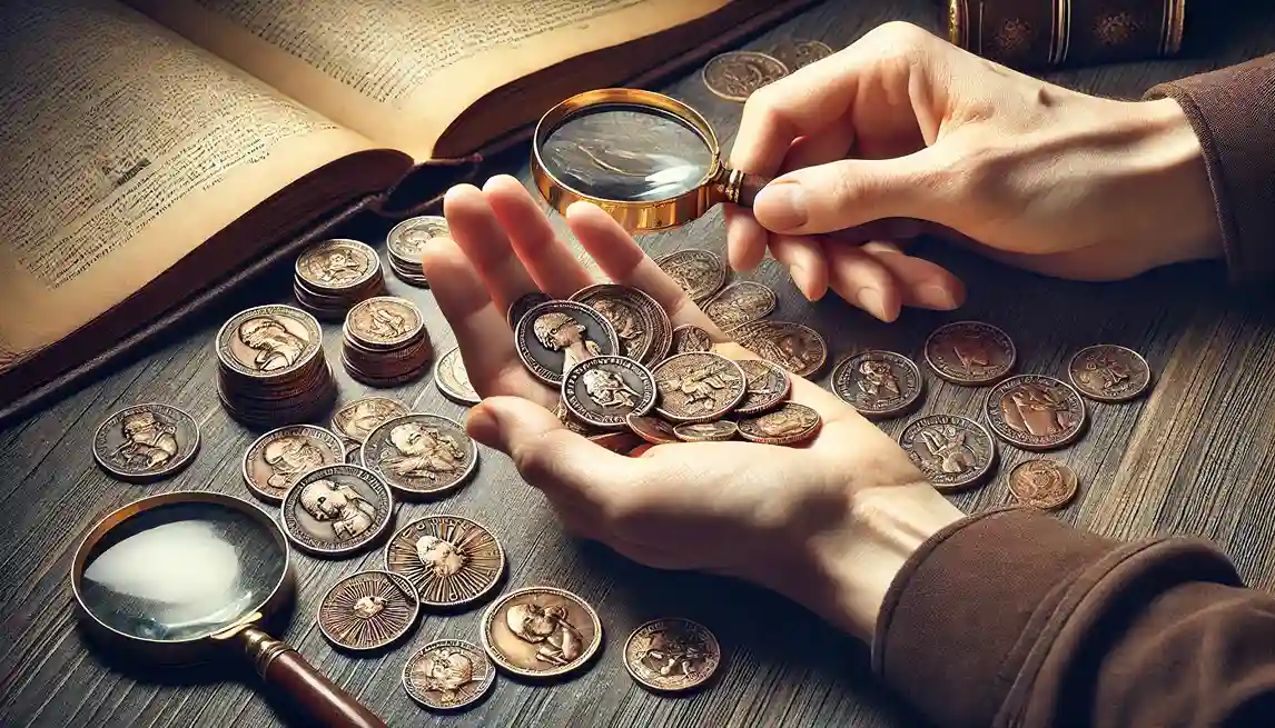 A close-up of hands examining a collection of vintage coins.