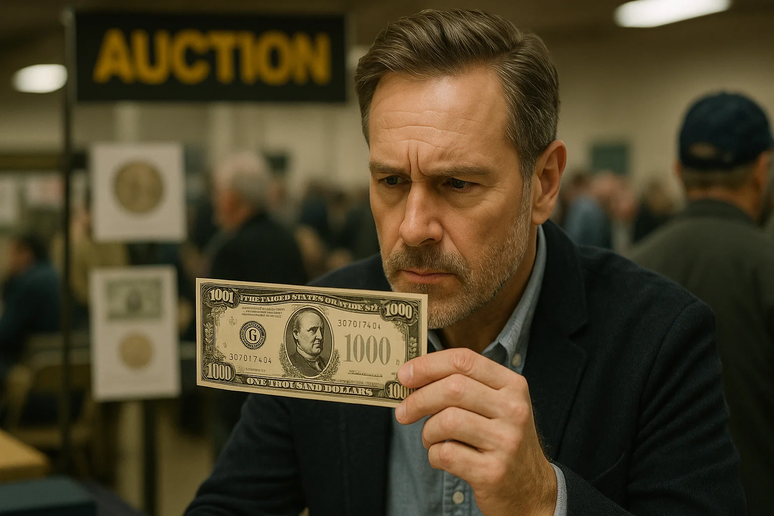 Aman inspects a rare $1000 bill bought at auction.