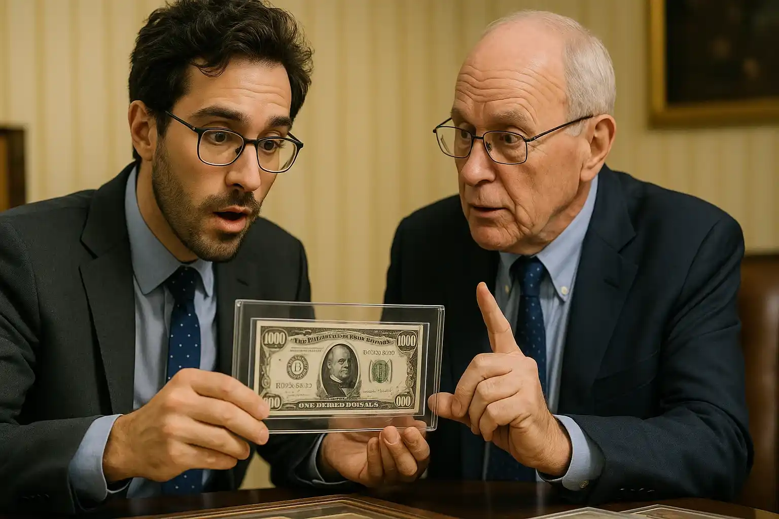 An experienced collector explains to a young man what details to pay attention to before buying a $1,000 bill.