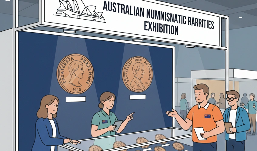 Australian coin exhibition booth featuring labeled rare Australian coins