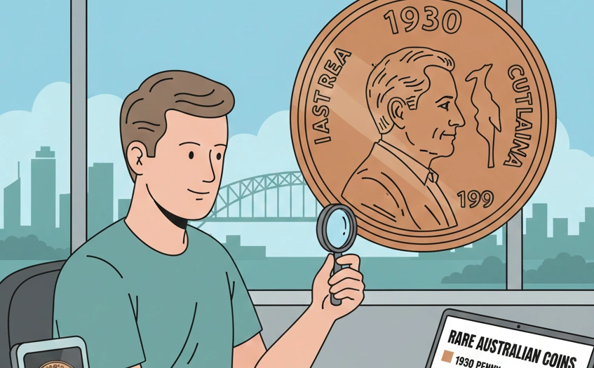 Collector in Sydney reviewing a rare Australian coins list while examining coins